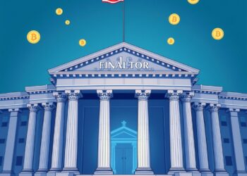 Illustration of a US regulatory building blended with digital crypto tokens