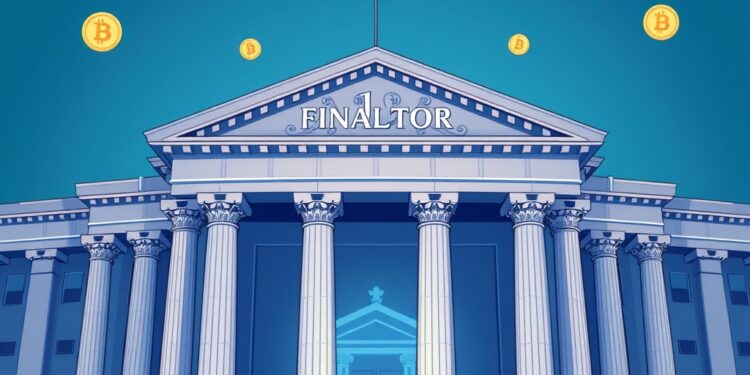 Illustration of a US regulatory building blended with digital crypto tokens