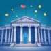 Illustration of a US regulatory building blended with digital crypto tokens