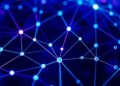 Glowing network of interconnected nodes and validator lines representing blockchain decentralization