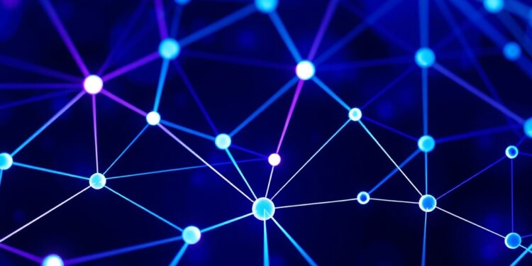 Glowing network of interconnected nodes and validator lines representing blockchain decentralization