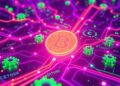 Solana blockchain network upgrade with glowing code nodes and data streams