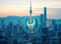 Seoul skyline with digital won stablecoin and blockchain tokenization concept