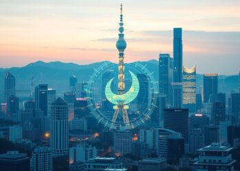 Seoul skyline with digital won stablecoin and blockchain tokenization concept