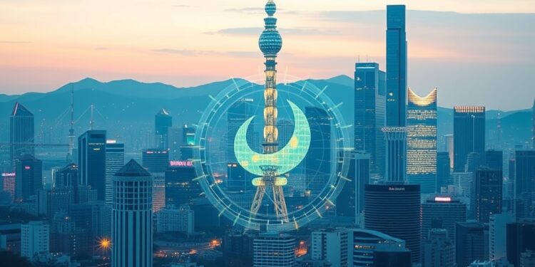 Seoul skyline with digital won stablecoin and blockchain tokenization concept