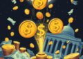 Stablecoin tokens flowing into US Treasury bonds representing dollar dominance