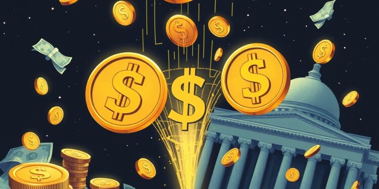 Stablecoin tokens flowing into US Treasury bonds representing dollar dominance