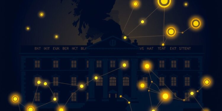 UK regulatory building silhouette overlaid with blockchain nodes and probability charts