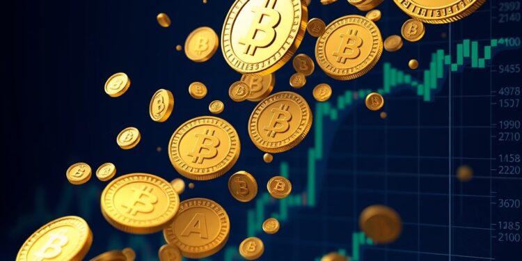 Stream of altcoins flowing into a cryptocurrency exchange with trading charts
