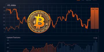 Bitcoin price reacting to US jobs data and bond yields macro illustration
