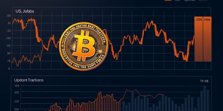 Bitcoin price reacting to US jobs data and bond yields macro illustration