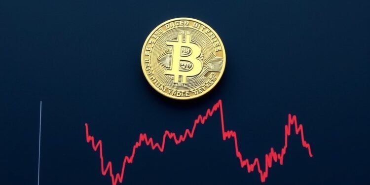 Bitcoin coin above a declining US Treasury bond yield chart