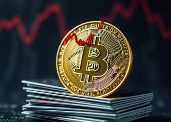 Bitcoin coin with a falling red chart and credit cards on a dark background