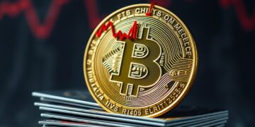 Bitcoin coin with a falling red chart and credit cards on a dark background