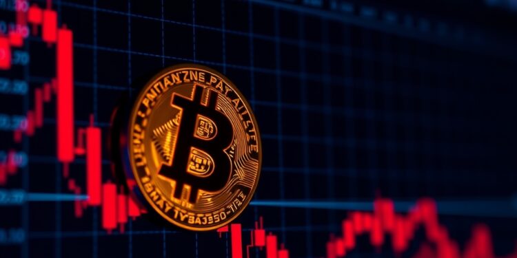 Bitcoin price falling on a red candlestick chart during a market sell-off