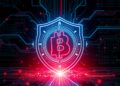 Crypto exchange security breach concept with a broken digital shield and red alert