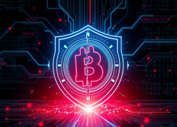 Crypto exchange security breach concept with a broken digital shield and red alert