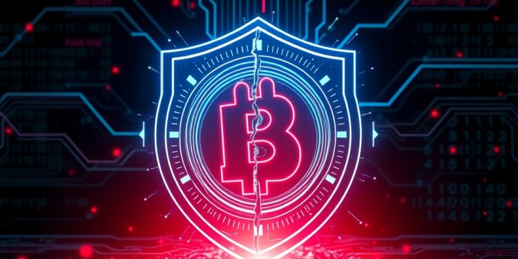 Crypto exchange security breach concept with a broken digital shield and red alert