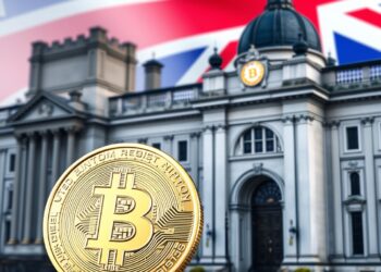 Bitcoin coin beside a government building and UK flag representing crypto regulation