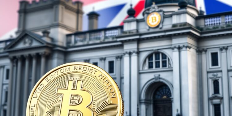 Bitcoin coin beside a government building and UK flag representing crypto regulation