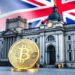 Bitcoin coin beside a government building and UK flag representing crypto regulation