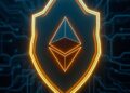 Ethereum logo with a security shield over a dark blue blockchain network