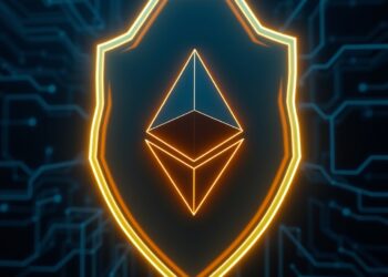 Ethereum logo with a security shield over a dark blue blockchain network