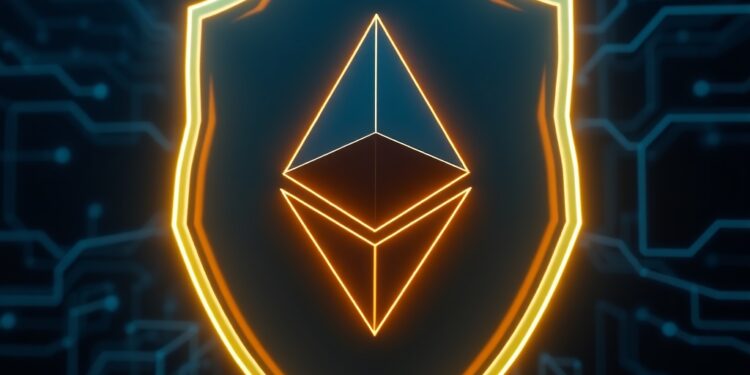 Ethereum logo with a security shield over a dark blue blockchain network