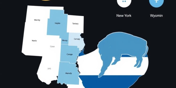 New York and Wyoming coordinating crypto oversight over a US state map