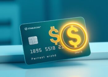 Stablecoin digital payment card with a glowing dollar-pegged crypto coin