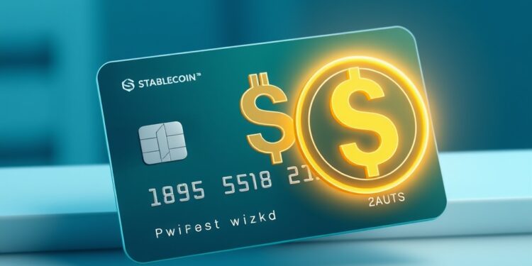 Stablecoin digital payment card with a glowing dollar-pegged crypto coin