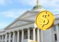 US Treasury building with digital stablecoin dollar tokens representing regulation