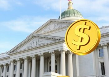 US Treasury building with digital stablecoin dollar tokens representing regulation