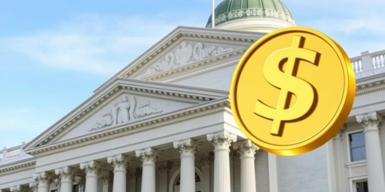 US Treasury building with digital stablecoin dollar tokens representing regulation