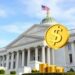 US Treasury building with digital stablecoin dollar tokens representing regulation